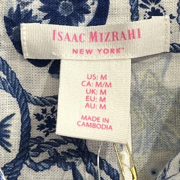 Isaac Mizrahi New York Top Womens M Blue Fish Print Linen Blend Button Shirt - Picture 4 of 8